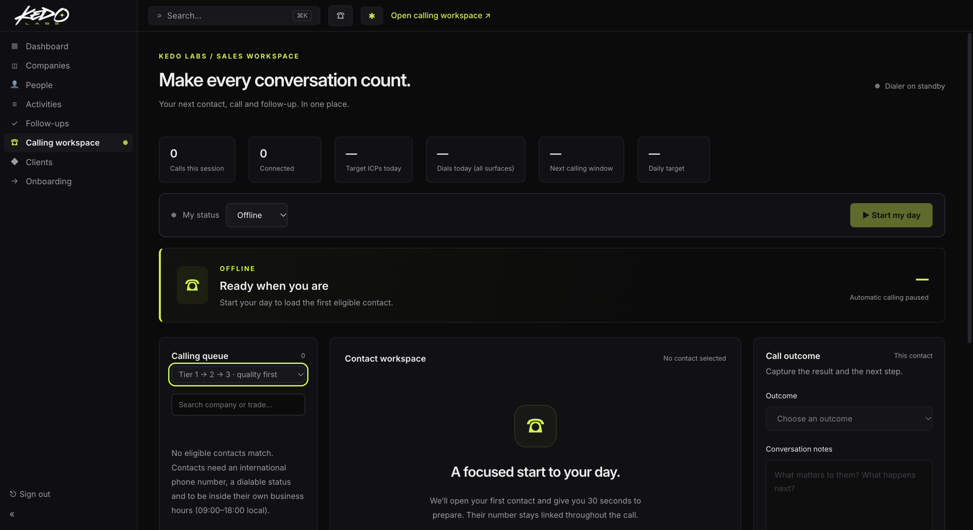 Kedolabs continuous sales calling workspace with calling queue, lead contact workspace and call outcomes