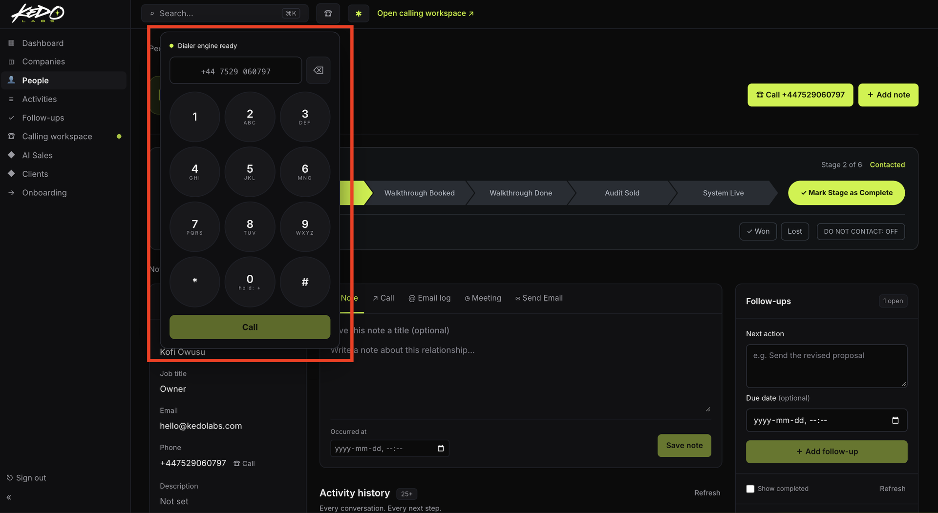 Kedolabs CRM embedded dial keypad ready to call a lead directly from the CRM