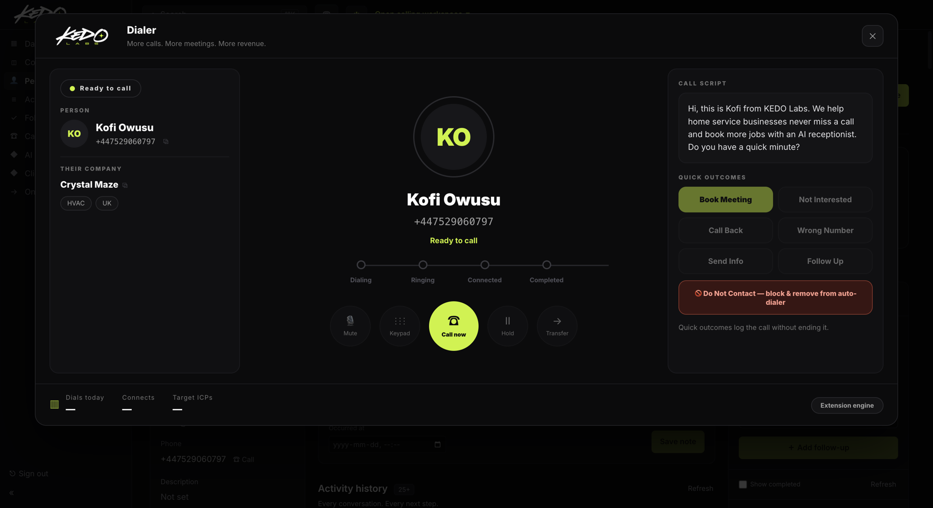 Real Kedolabs embedded CRM dialer showing lead context, call script, call controls and sales outcomes
