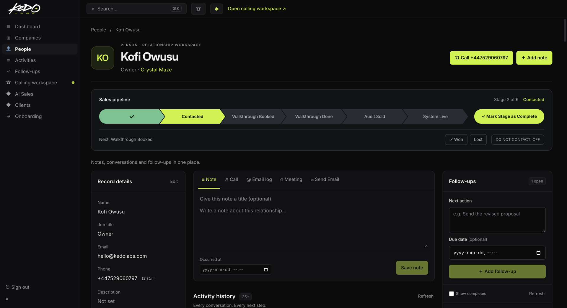 Actual Kedolabs CRM lead workspace with a sales pipeline, direct calling, notes and follow-up workflows