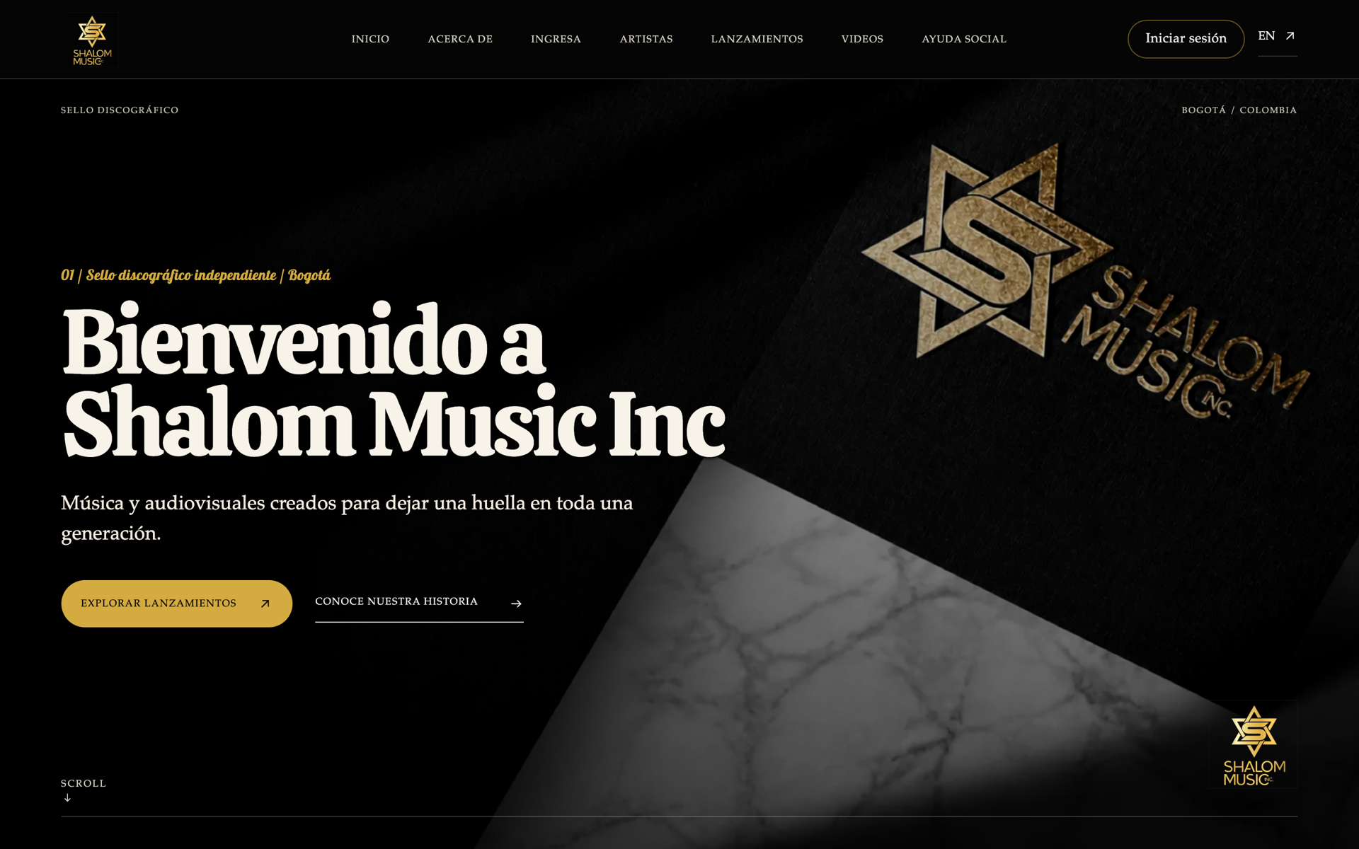 Shalom Music Colombian record label website with its distinctive gold and black identity