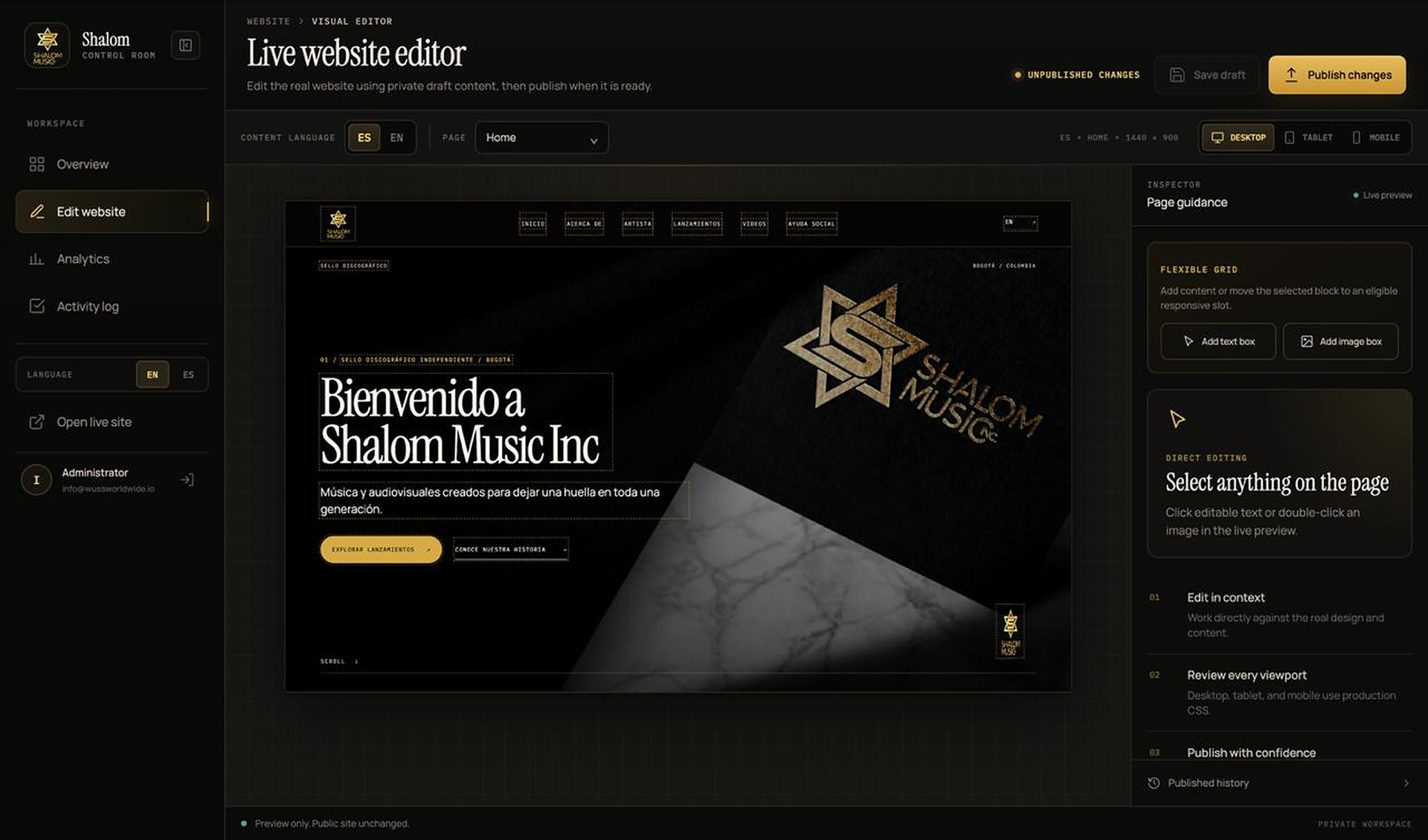 Shalom Music permission-gated admin editor with private drafts and publishing controls