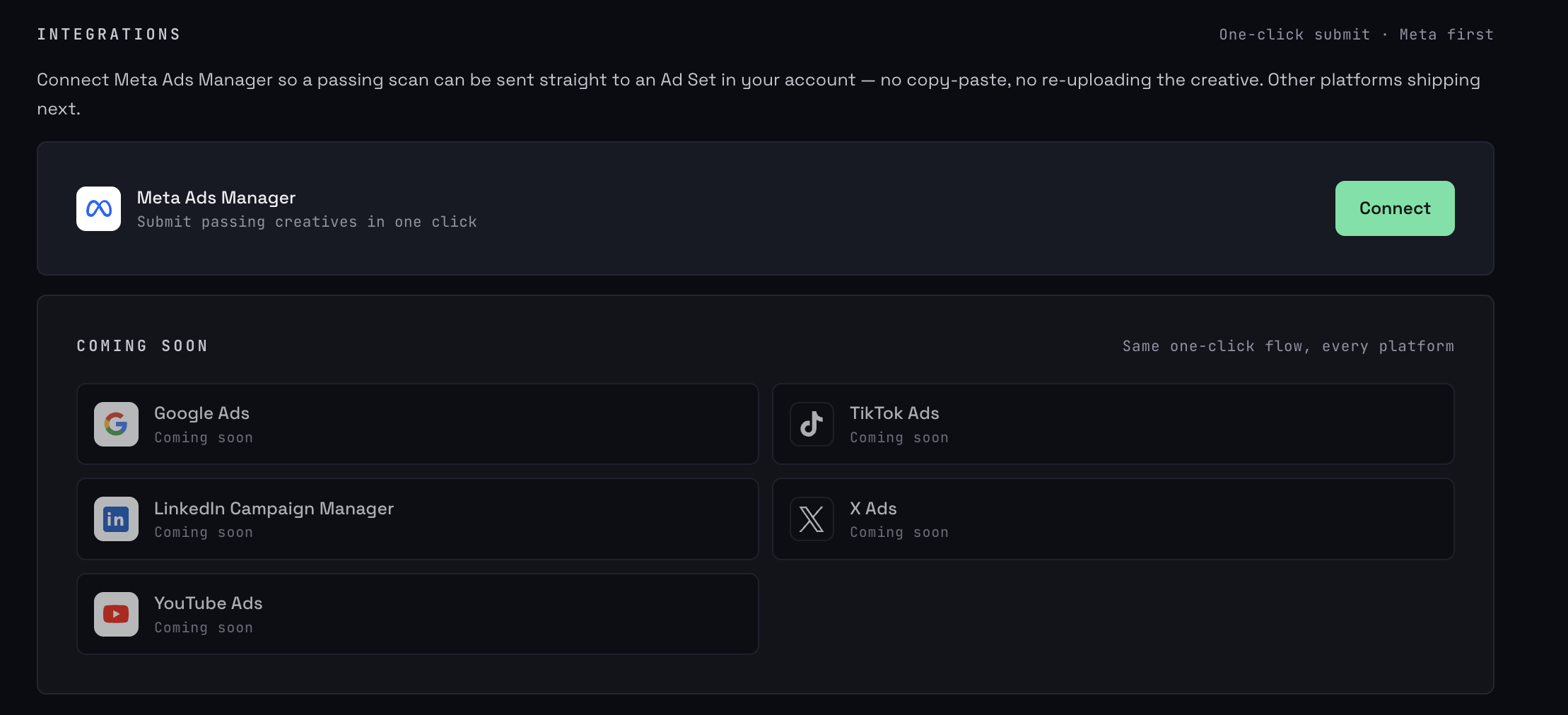 Verdiqt Meta OAuth integration for submitting passing creative to a connected ad account.